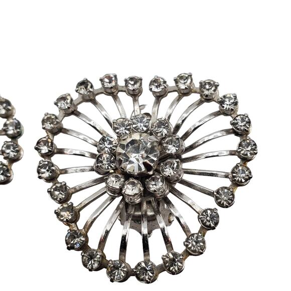 Vintage 60s Rhinestone Clip Earrings Crystal Sunburst Heart Riveted Silver Tone - Picture 8 of 9